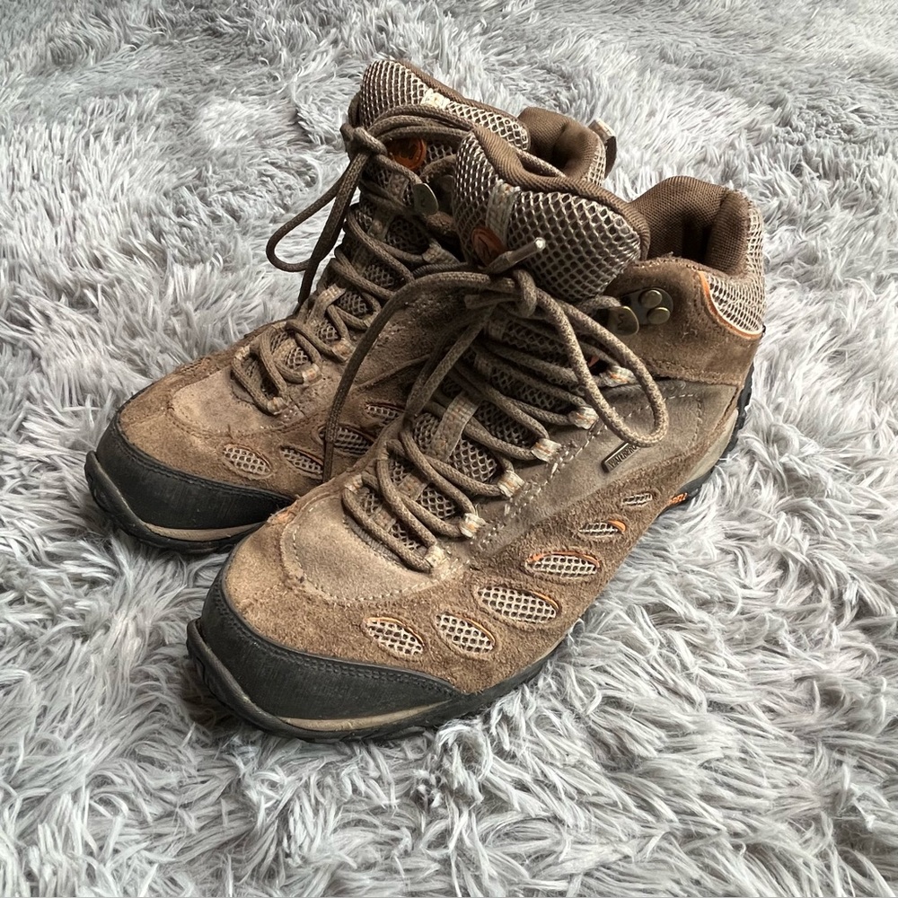 Merrell Boots Mens Size 7.5 Hiking Brown Yokota Pulse Shoes Suede Mesh Brown Mid